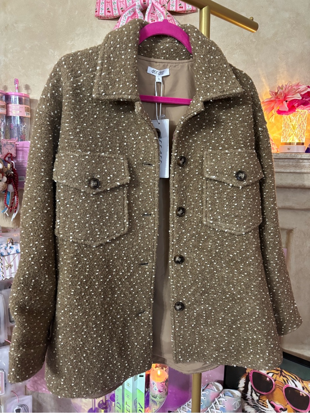 P-008 GeeGee Olive Tweed Button-Front Women's Jacket Oversized Small